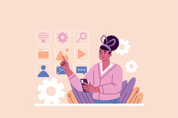 Aufkleber - Mobile organizer concept with people scene in the flat cartoon design. A young woman in a pink outfit is holding a smartphone and pointing at various digital icons. Vector illustration.