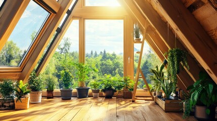 Poster - Sunlight streams through a large window in a wooden-beamed attic, illuminating potted plants and a wooden floor.