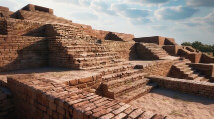 Ancient stepped stone structure under a cloudy sky.