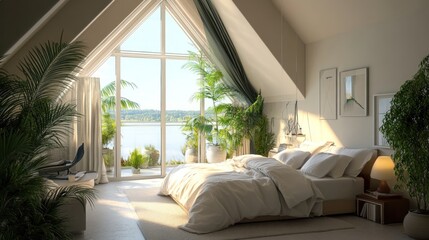 Canvas Print - A serene bedroom with a large window overlooking a lake and a cozy bed with white bedding.