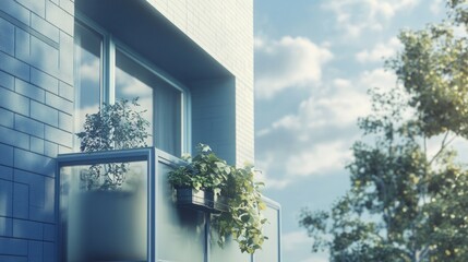 Canvas Print - Blue Brick Wall with Window and Green Plants on Balcony.