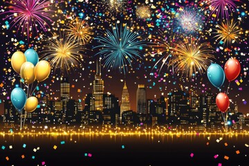 Wall Mural - A vibrant city skyline at night adorned with colorful fireworks and balloons. An atmosphere of festivity and excitement.