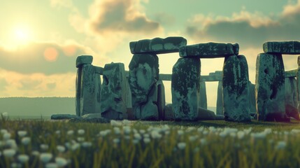 Ancient stone monument standing tall against a cloudy sky at sunset.