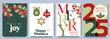 © Oksana Kalashnykova - Merry Christmas Greeting card set. Collection of festive holiday cards with Christmas and New Year greetings featuring ornaments, holly, and typography design. Trendy template for season banner, cover
