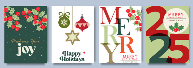 Merry Christmas Greeting card set. Collection of festive holiday cards with Christmas and New Year greetings featuring ornaments, holly, and typography design. Trendy template for season banner, cover