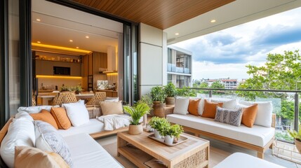 Sticker - Modern Balcony With White Sofa And Orange Cushions.