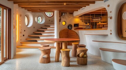 Poster - A modern, minimalist living room with a wooden table and chairs, a white stucco wall with a spiral staircase, a bar counter, and a tiled floor.