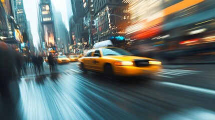 Poster - A yellow taxi speeding through a bustling city street, creating a dynamic scene with motion blur and urban energy.
