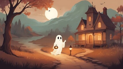 A vintage looking landscape painting with a cute ghost holding a lantern	