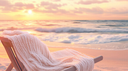 Poster - knitted blanket on a beach chair at sunset