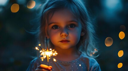 A young girl holding a sparkler in a dark setting, illuminated by the soft glow of lights, capturing a magical moment.