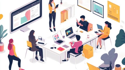 A Colorful Isometric Illustration of a Collaborative Workspace