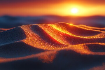 Poster - A sandy beach with a sun setting in the background