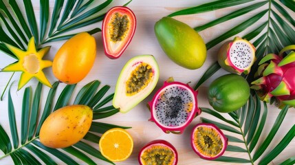 Assortment of exotic fruits with palm leaves on wooden background.