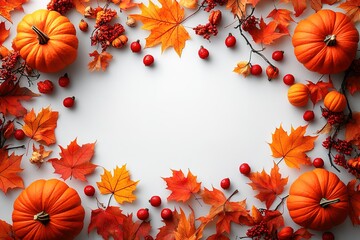 A white background with a frame of orange leaves and red berries