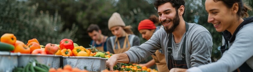 Group of volunteers handing out food at a community event, volunteer group, community initiative