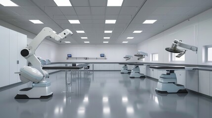 Canvas Print - Automated robotic arms in a clean lab setting.