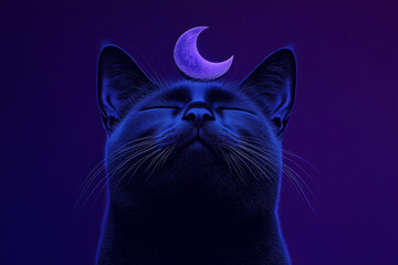 Mystical Black Cat with Crescent Moon on Forehead in Dark Blue and Purple Tones