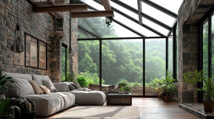 Poster - Modern living room with large windows overlooking a lush green forest