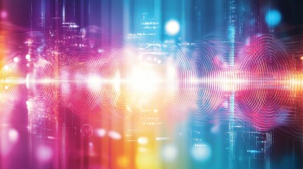 Fototapete - An abstract image illustrating electromagnetic waves with energy pulses and varying wavelengths, set against a futuristic, gradient-colored backdrop.