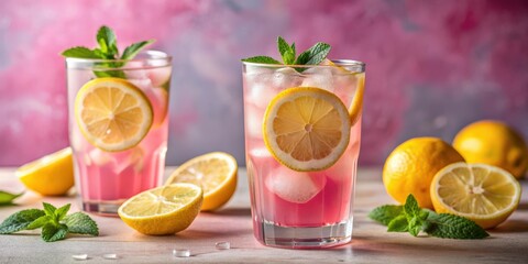 Poster - Refreshing pink lemonade served in crystal tumblers with zesty lemon wedges, pink lemonade, refreshing, crystal tumblers