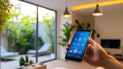 Wall Mural - Close up of a hand holding a smartphone with smart home interface against a blurry background of a living room.