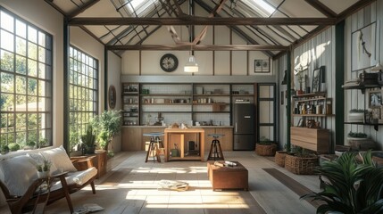 Wall Mural - A modern kitchen with wooden beams and large windows, a wooden table and chairs in the center of the room.