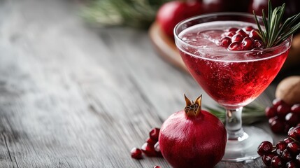 A refreshing pomegranate cocktail garnished with pomegranate seeds and rosemary is surrounded by fresh pomegranate fruits on a rustic wooden surface.