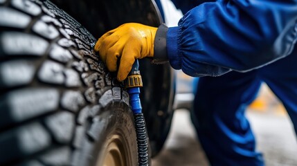 Wall Mural - Closeup of a Mechanic Checking Tire Pressure