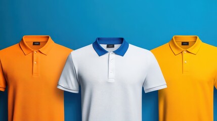 Wall Mural - Three stylish polo shirts in vibrant colors: orange, white, and yellow, displayed against a bright blue background.