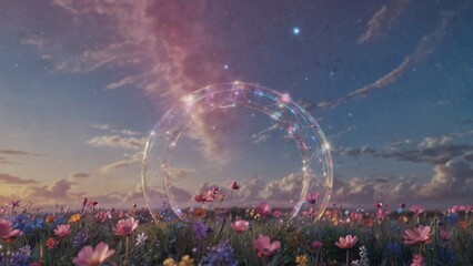 Poster - Fantasy scene of shining transparent portal made of glass, surrounded by landscape with field of flowers and dreamy clouds in the evening