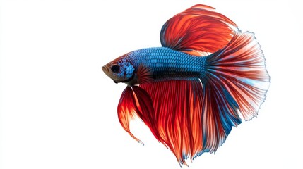Poster - An artistic shot of a betta fish with contrasting red and blue colors, floating elegantly against a white background, creating a bold and clean visual effect.