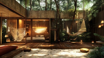 Poster - Modern tropical patio with two hammocks, a wooden deck, and a sand floor.