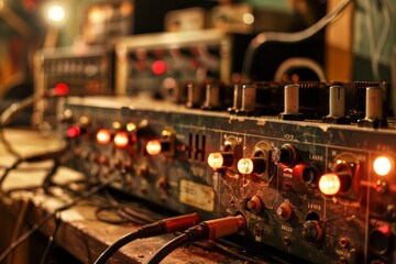 Poster - vintage audio equipment, reflecting the history of sound reproduction, Amplifiers trembling with raw power, AI generated