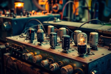 Poster - vintage audio equipment, reflecting the history of sound reproduction, Amplifiers trembling with raw power, AI generated