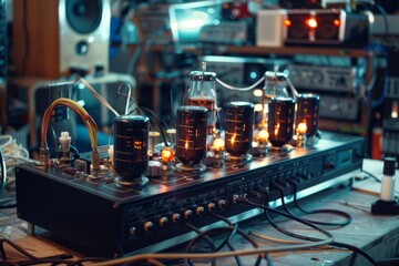 Poster - Amplifiers trembling with raw power, vintage audio equipment displayed on a table, showcasing classic design and nostalgic charm, AI generated