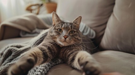 Design an image of an endearing cat stretching out its paws towards a person, ready to be picked up and cuddled, with a background of a cozy living room.