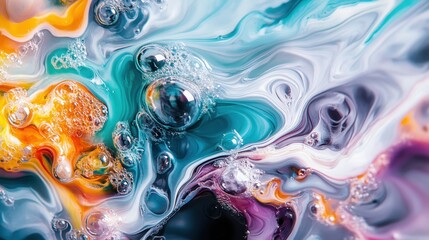 Aufkleber - A visually appealing piece of abstract fluid art showcasing vibrant, swirling colors interspersed with bubbles, encapsulating the fluidity and energetic movement of the composition.