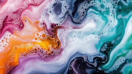 Poster - This abstract image features a swirling mix of vibrant colors and patterns, enhanced with small bubbles, creating a dynamic and visually stimulating representation of creativity.