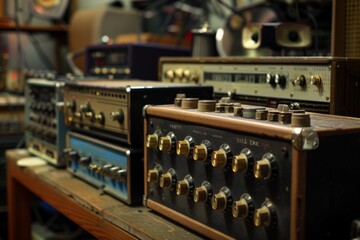 Poster - Vintage audio equipment arranged on a table, highlighting the unique aesthetics of retro sound technology, Amplifiers trembling with raw power, AI generated