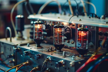 Poster - Vintage audio equipment arranged on a table, highlighting the unique aesthetics of retro sound technology, Amplifiers trembling with raw power, AI generated