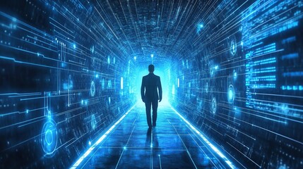 Digital Future: A Man Walking Toward the Light of Technological Advancement