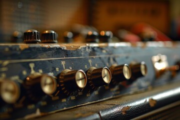 Poster - Vintage audio equipment arranged on a table, highlighting the unique aesthetics of retro sound technology, Amplifiers trembling with raw power, AI generated