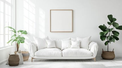 Poster - Minimalist living room with a white sofa, a large picture frame, and a potted plant, white rug and wooden floor.