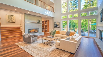 Wall Mural - Modern living room with large windows, fireplace, and sectional sofa.