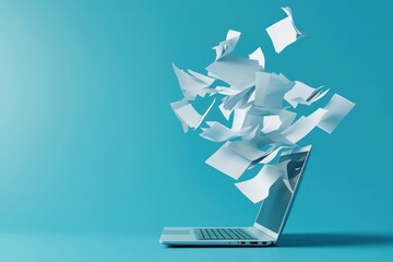 Poster - laptop with flying papers - digital information flow