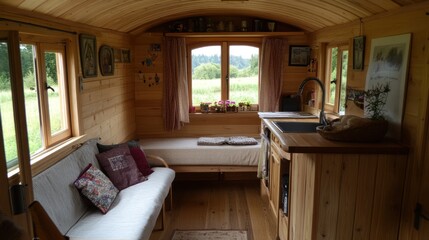 Wall Mural - A cozy and rustic interior of a wooden cabin, featuring a couch, windows, a kitchen sink, and a view of a forest outside.