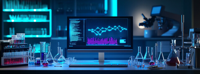 a computer screen displaying holographic charts and data about DNA on the desk in front of it surrounded by test tubes