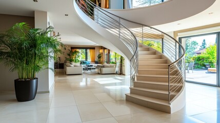 Poster - Modern hallway interior with a curved staircase, a large plant, and a view of the backyard.