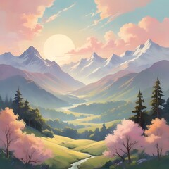 Wall Mural - A painting of the early morning at dawn, the sun behind the mountains, the sun's light shines with red-orange colors creating an unforgettable scene - vector abstract background